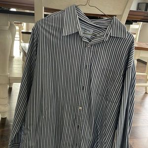 Men large button down dress shirt - blue dark blue striped